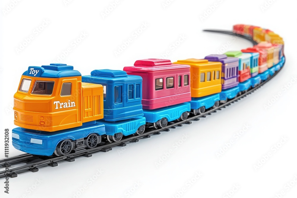 A vibrant toy train composed of various colorful carriages moves along a curved set of tracks. The train showcases different bright colors that attract attention and spark imagination.