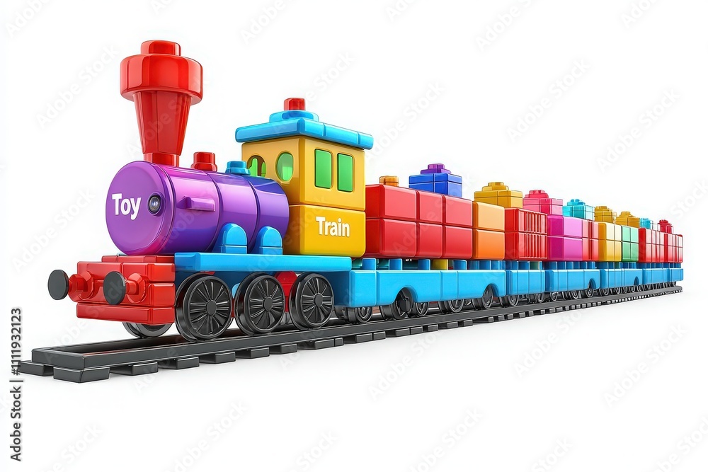 A vibrant toy train made of colorful blocks moves along a track. Each car displays various colors and patterns, inviting playful exploration and creativity for children.