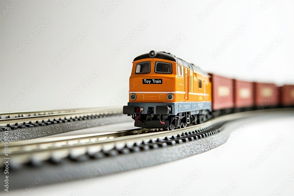 A vibrant toy train moves along curved tracks in a simple environment. The trains colorful design stands out, showcasing a playful charm and inviting curiosity from onlookers.