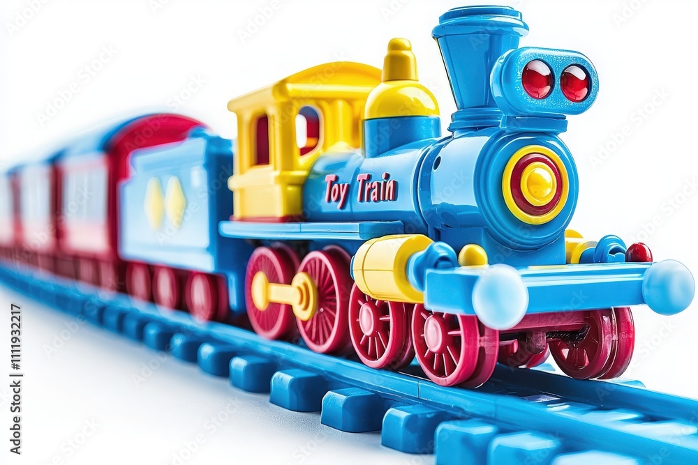 A vibrant toy train moves along its blue tracks, showcasing bright colors and playful design, ideal for engaging childrens imagination and enhancing creative playtime activities.