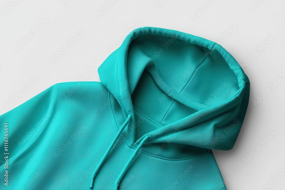 A vibrant turquoise hoodie is neatly arranged on a clean, neutral surface, highlighting its soft texture and modern design. The atmosphere is bright and inviting, emphasizing its color.