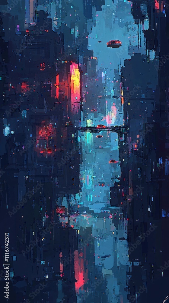 A vibrant urban environment at night reveals colorful neon lights reflected in the wet streets. Skyscrapers loom above, illuminated in shades of blue and red, creating a captivating atmosphere.