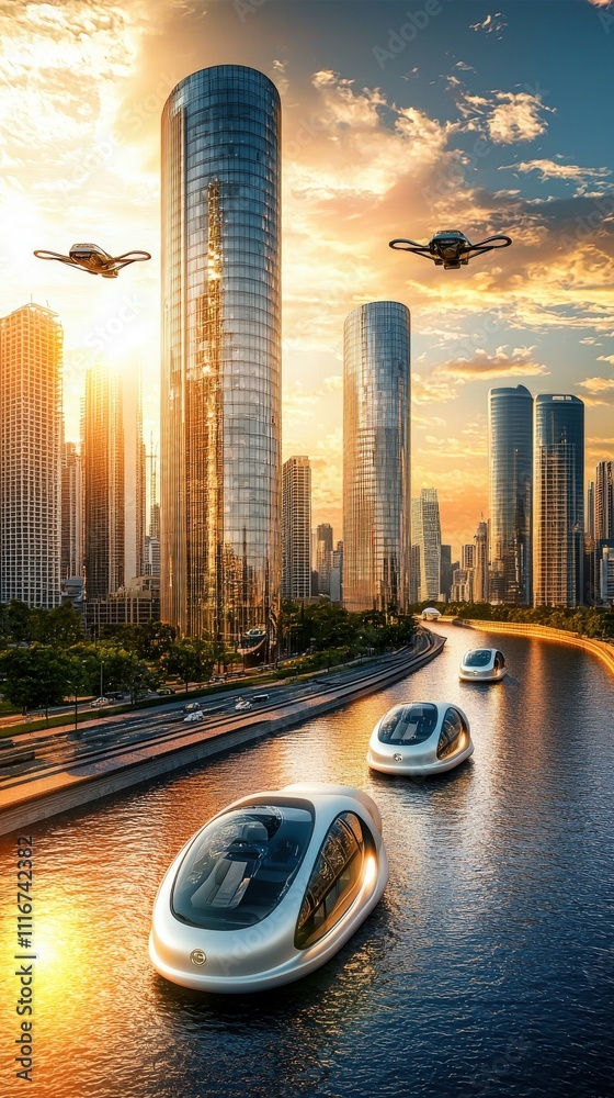 A vibrant urban landscape showcases sleek automated pods gliding along a river, with skyscrapers reflecting the warm hues of sunset and drones hovering above the city.