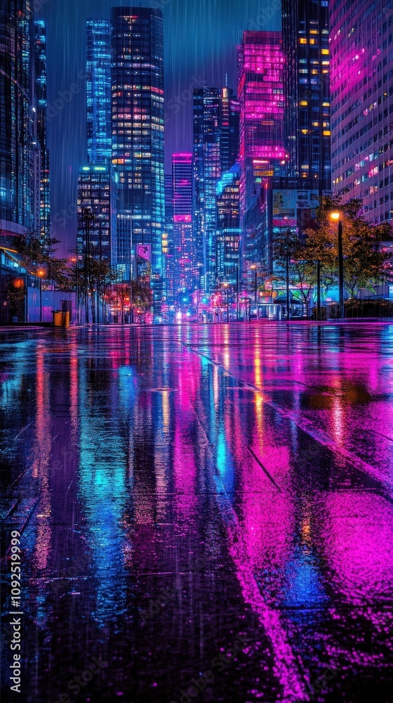 A vibrant urban landscape showcases tall skyscrapers illuminated by neon lights. The rain-soaked streets reflect hues of blue and pink, creating a colorful and dynamic atmosphere.