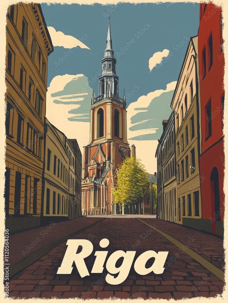 A vibrant view of Rigas historic center features a magnificent church with a tall spire, surrounded by quaint buildings along a cobblestone street. The scene captures the essence of the city.
