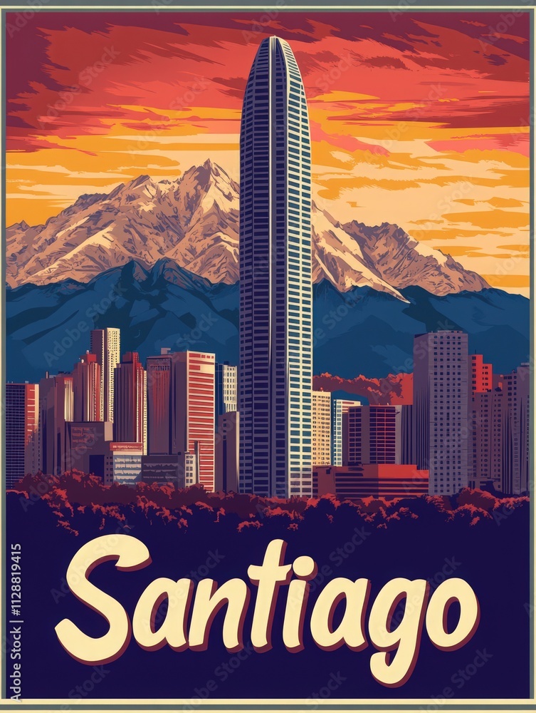 A vibrant view of Santiago reveals a blend of contemporary skyscrapers and the stunning Andes mountains in the background. The sunset casts warm hues over the cityscape, emphasizing its beauty.