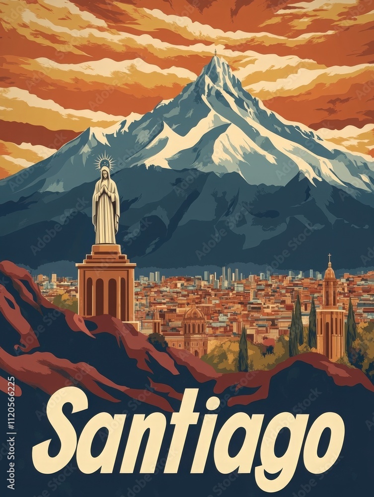A vibrant view of Santiago showcases a majestic snow-capped mountain. The city is bathed in warm sunset hues, with a prominent statue overlooking the urban landscape and historical architecture.