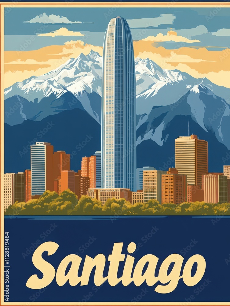A vibrant view of Santiagos skyline features the tall, modern skyscraper at the forefront, surrounded by city buildings against a backdrop of majestic snow-capped mountains.