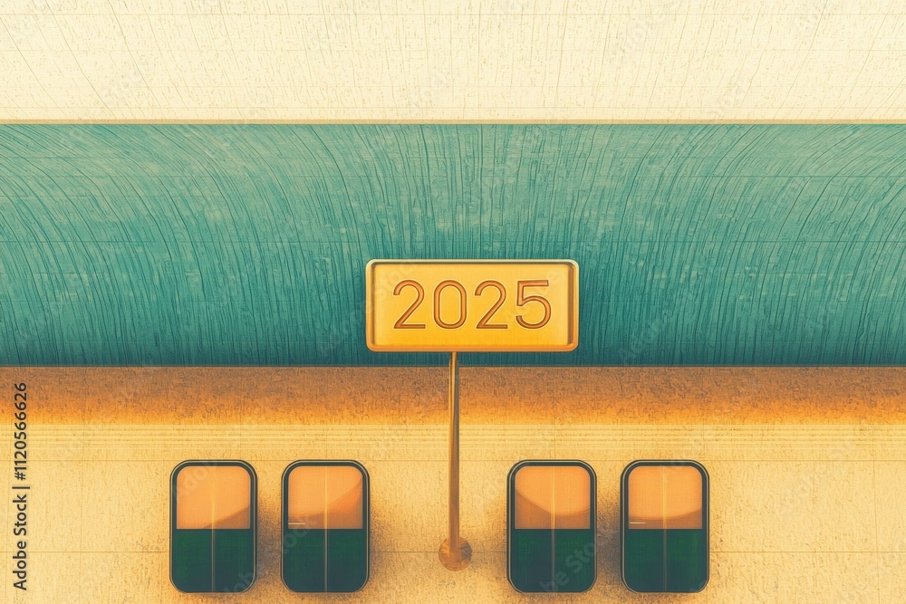 A vibrant wall displays the year 2025 in a bold, golden font. Below, geometric windows form a pattern. The colors shift from warm tones to cool shades, creating an engaging visual effect.