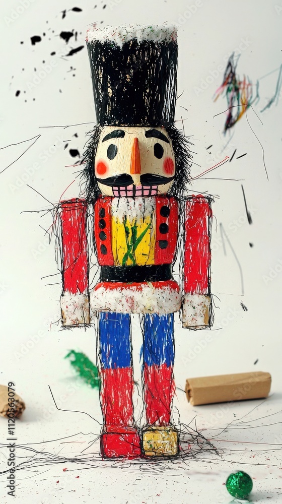 A vibrant wooden nutcracker stands against a white background, adorned with artistic strokes of color and fine details. Its red and blue attire contrasts with surrounding art supplies.