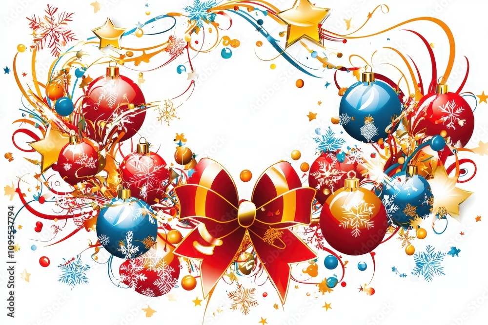A vibrant wreath adorned with red and blue ornaments, sparkling snowflakes, and festive ribbons creates a joyful holiday atmosphere perfect for celebrations.