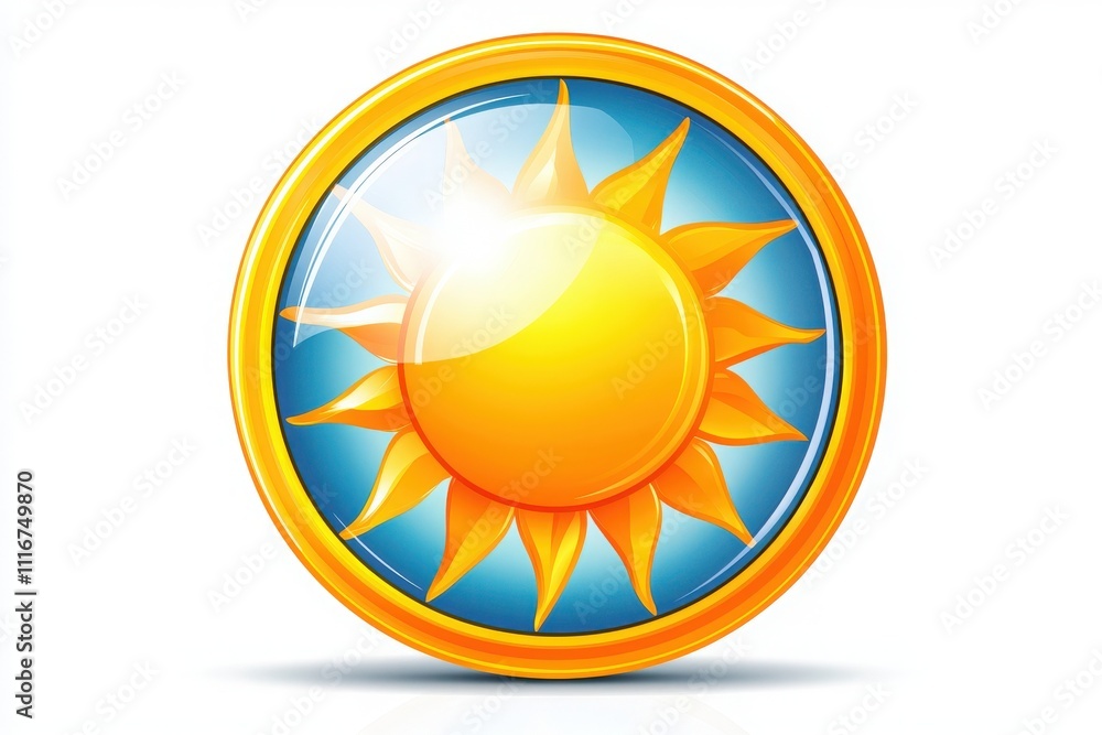 A vibrant yellow sun icon with rays radiating outward rests against a bright blue background, symbolizing summer warmth and sunny days. Ideal for conveying sunny themes and outdoor activities.
