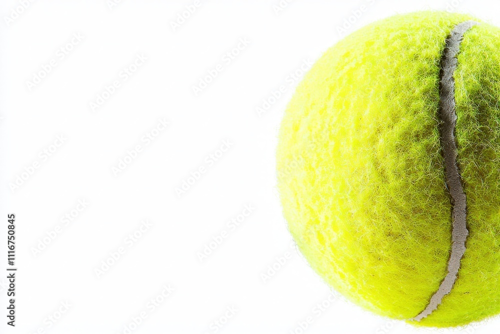 A vibrant yellow tennis ball is centered against a stark white background, showcasing its fuzzy texture and distinctive gray seam. The ball appears ready for play, emphasizing its freshness.
