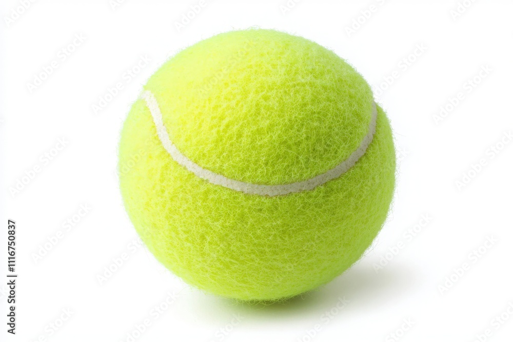 A vibrant yellow tennis ball rests on a clean white background, showcasing its fuzzy texture and prominent white stitching. This image highlights the essential sports equipment for tennis enthusiasts.