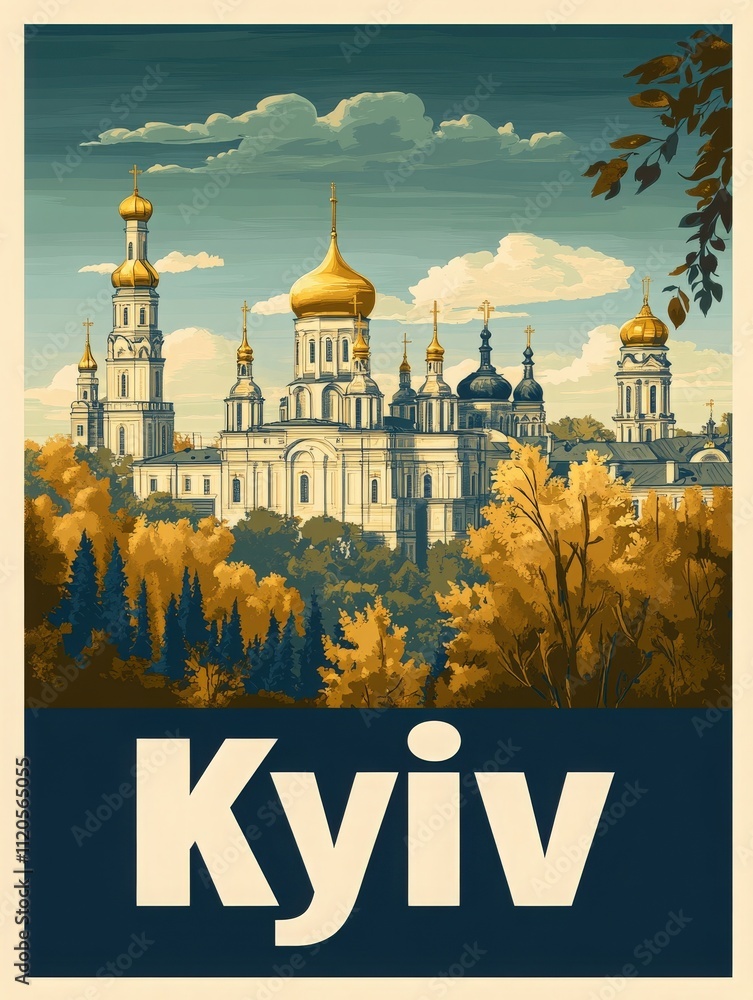 A view of historic Kyiv showcases elaborate architecture featuring golden domes, framed by colorful autumn trees. The bright sky provides a beautiful backdrop for this iconic landscape.