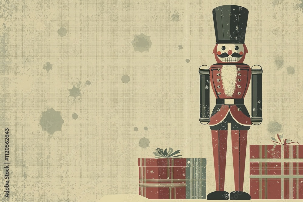 A vintage-styled nutcracker figure stands proudly next to beautifully wrapped presents. The festive atmosphere captures the essence of the holiday season, evoking joy and nostalgia.