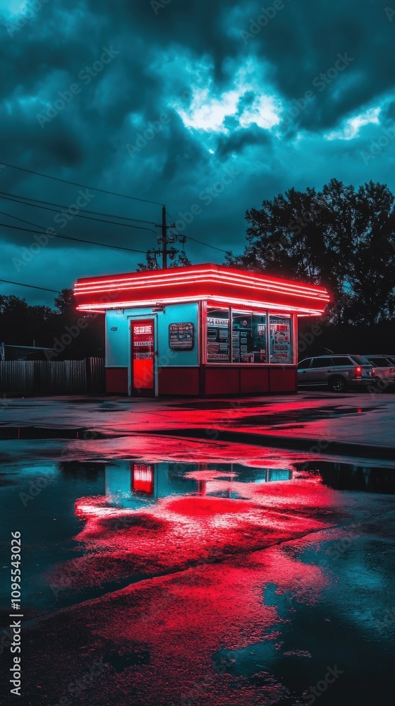 A vintage diner illuminated by neon lights is captured during twilight, reflecting in puddles on the wet pavement, under a moody sky filled with dramatic clouds.