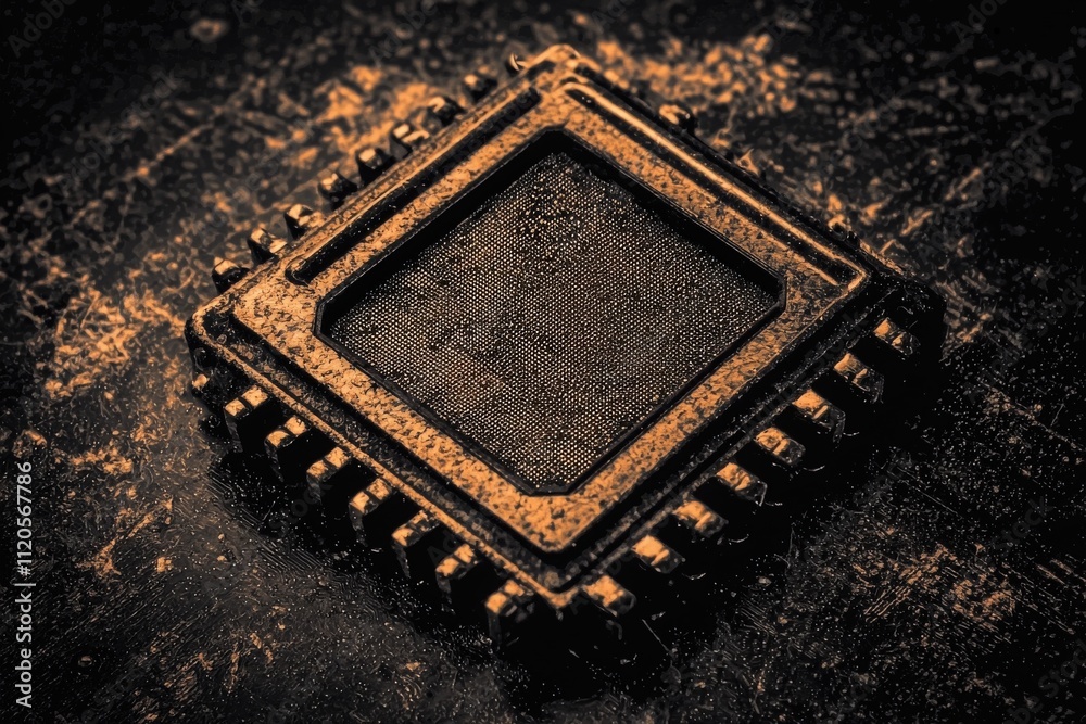 A vintage microchip rests on a textured dark surface, revealing signs of wear and dust accumulation. The close-up captures the complex structure and pins of the chip, emphasizing its age.