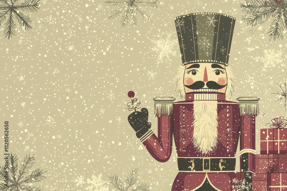 A vintage nutcracker figure stands cheerfully amidst a soft snowfall, surrounded by holiday gifts. The scene captures the warmth and charm of the festive season.