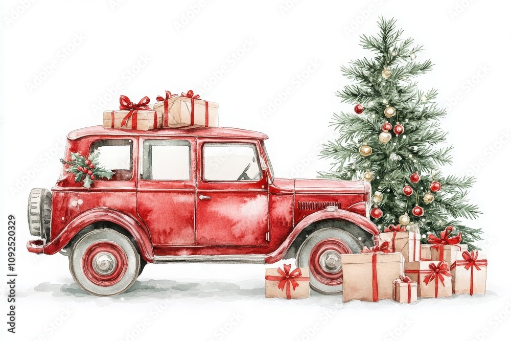 A vintage red car is parked next to a lush green Christmas tree decorated with ornaments. Gift-wrapped presents are piled high on the car and around the tree, creating a festive atmosphere.