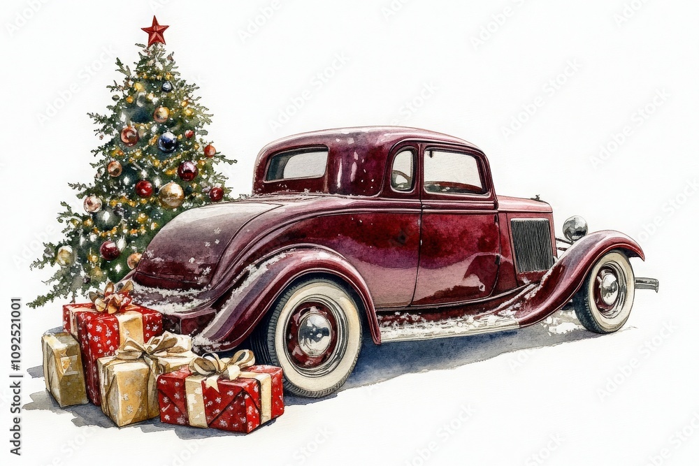 A vintage red coupe parked next to a decorated Christmas tree surrounded by colorful wrapped gifts. Snow covers the car, creating a festive winter atmosphere.