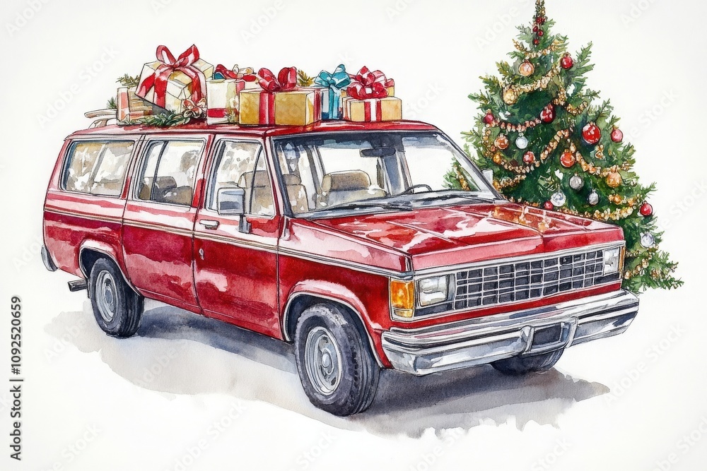 A vintage red station wagon parked next to a Christmas tree. Colorful wrapped gifts are stacked on the roof, adding to the festive atmosphere of the scene.