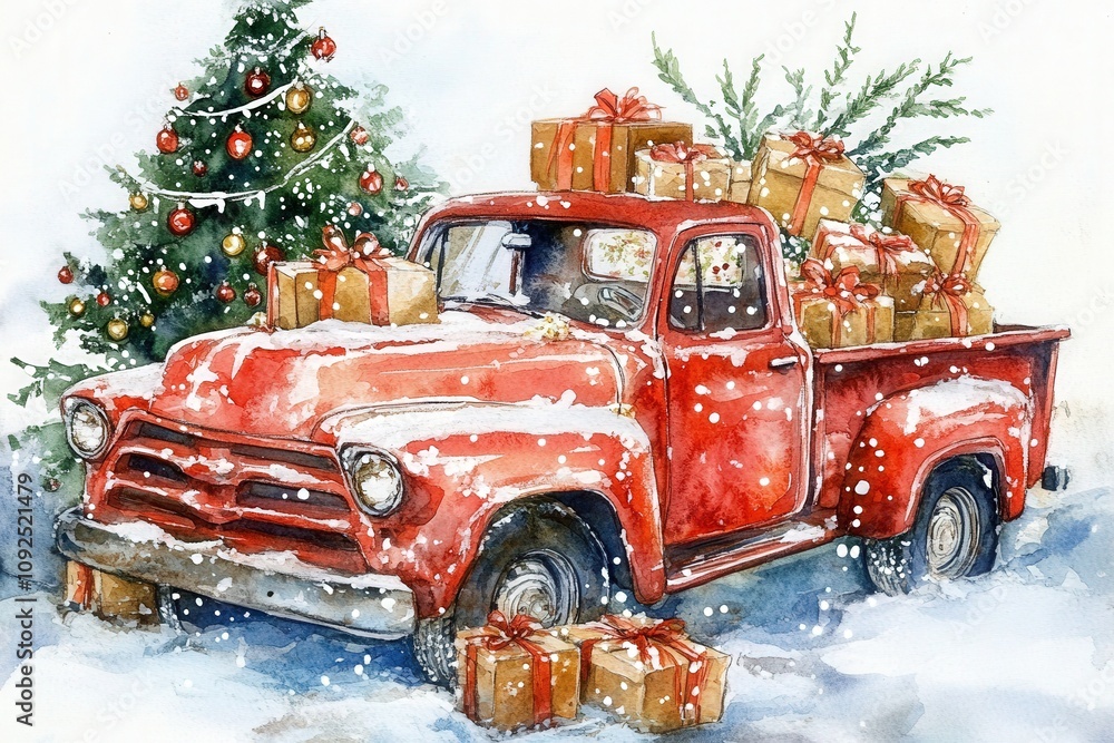 A vintage red truck is filled with brightly wrapped gifts and surrounded by falling snow. A decorated Christmas tree stands nearby, creating a festive winter atmosphere.