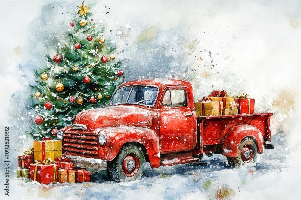A vintage red truck is parked beside a beautifully decorated Christmas tree.