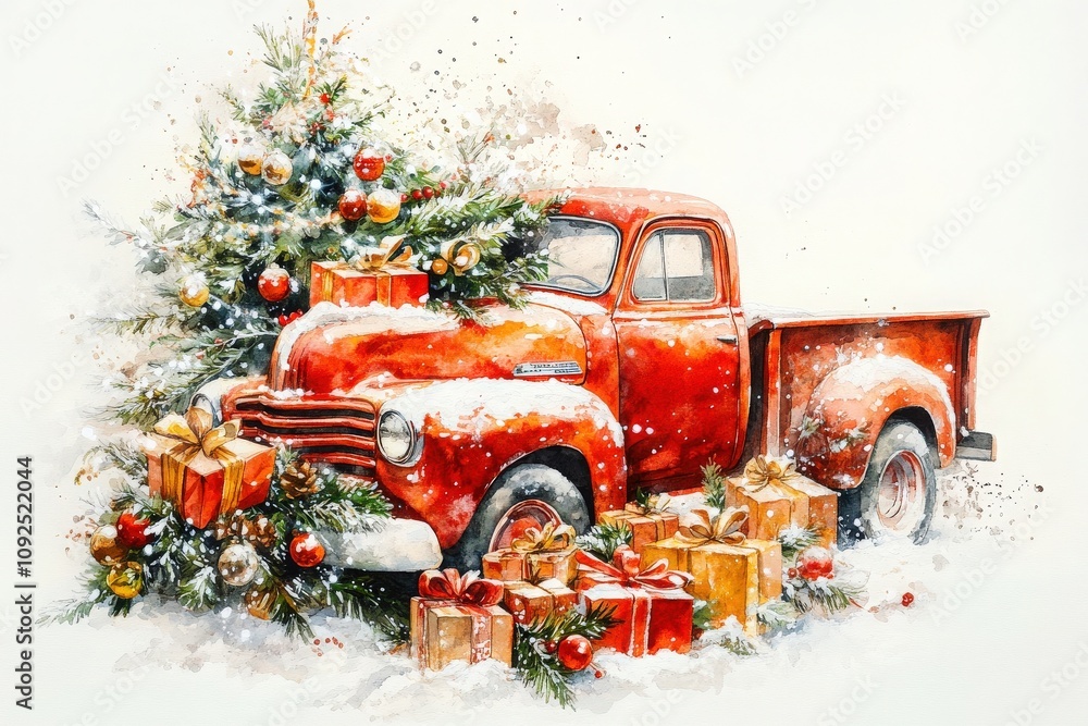 A vintage red truck is parked beside a beautifully decorated Christmas tree, covered in snow and surrounded by colorful gift boxes. The festive atmosphere captures the spirit of the holiday season.