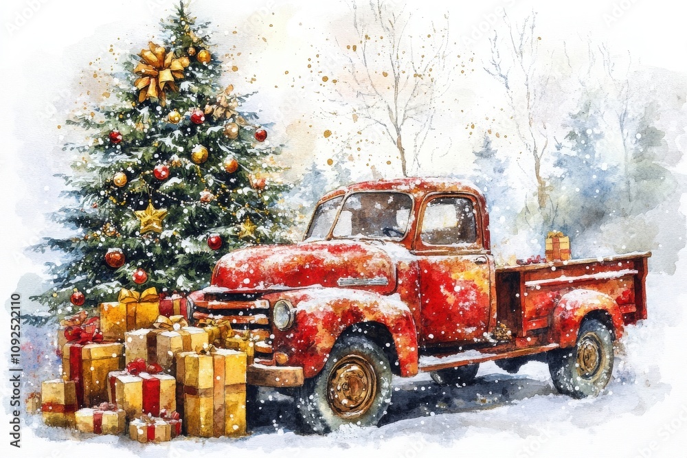 A vintage red truck is parked beside a beautifully decorated Christmas tree, surrounded by wrapped presents. Snow falls gently in a serene winter landscape.