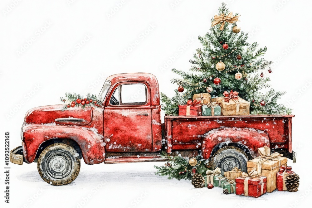 A vintage red truck is parked beside a lush green Christmas tree adorned with ornaments.