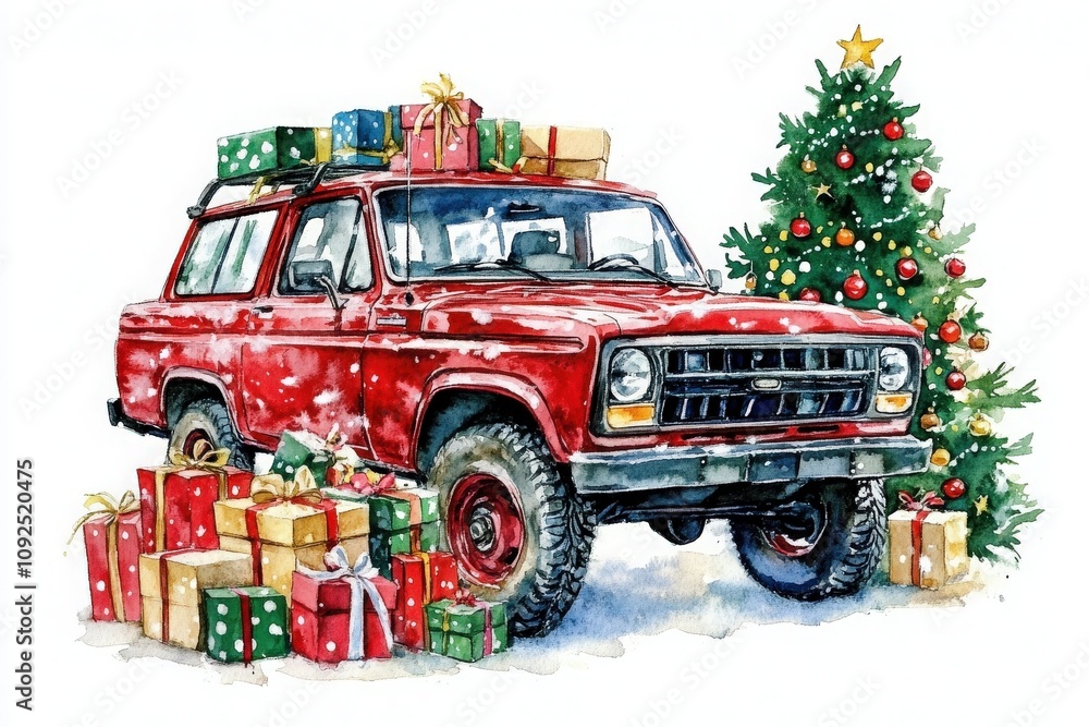 A vintage red truck is parked in the snow, surrounded by colorful holiday gifts and a beautifully decorated Christmas tree. The scene captures a festive winter atmosphere.