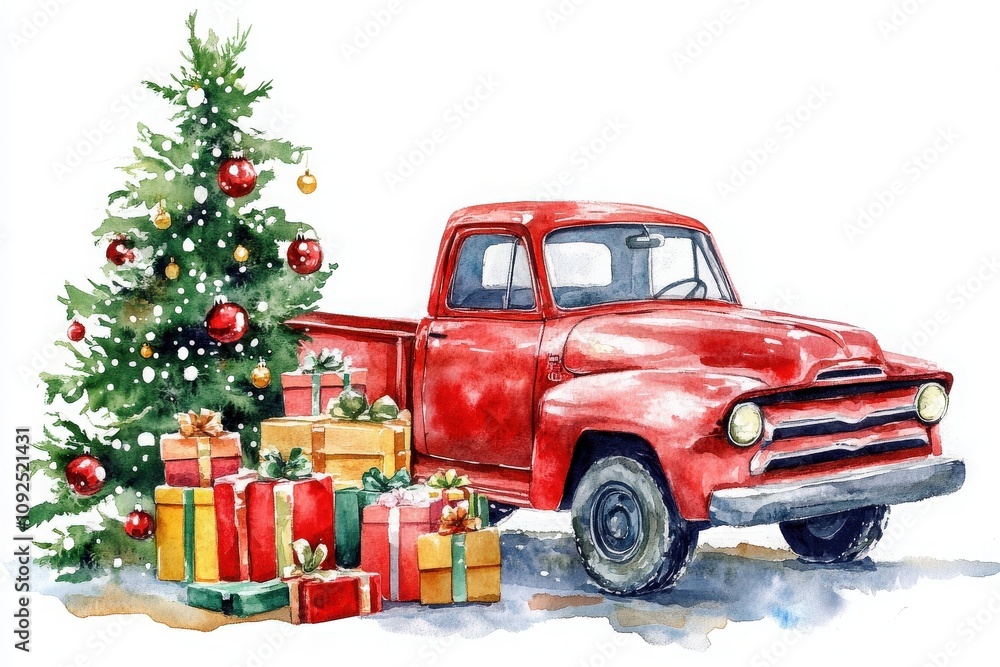 A vintage red truck stands next to a beautifully decorated Christmas tree, surrounded by colorful wrapped gifts. The scene captures the festive spirit of the holiday season.