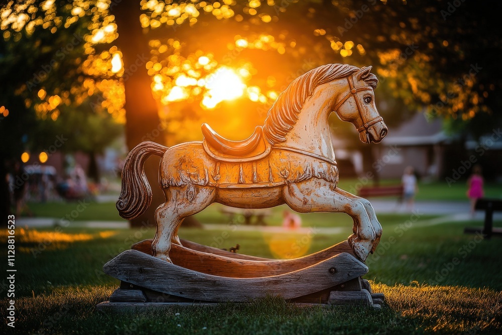 A vintage rocking horse made of wood sits prominently in a park as the sun sets behind it, casting a warm glow. Children can be seen playing softly in the background.