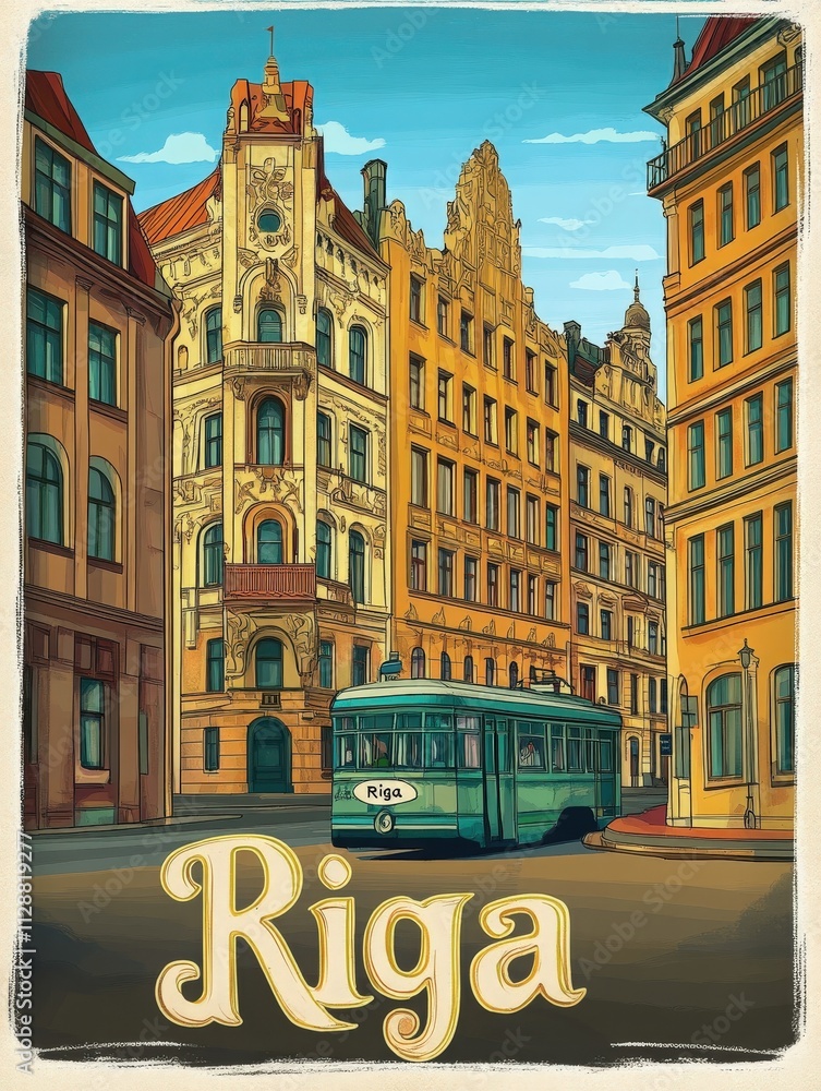 A vintage tram navigates the charming streets of Riga, surrounded by vibrant buildings featuring intricate facades. The scene captures the citys unique blend of modern and historic elements.