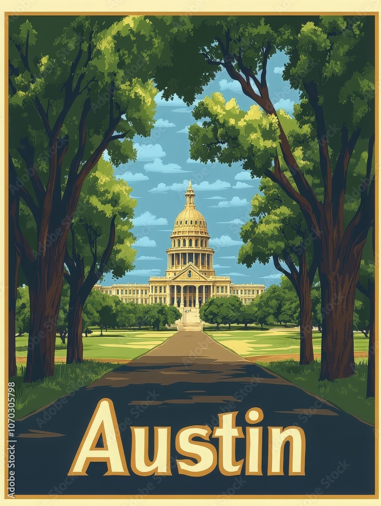 A vintage travel poster captures the essence of Austin, showcasing the prominent Capitol building framed by majestic trees. The vibrant sky enhances the nostalgic allure of this Texas city.