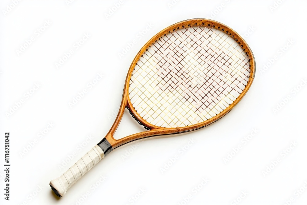 A vintage wooden tennis racket lies on a smooth surface, showcasing its unique craftsmanship and classic design. The strings are taut, reflecting the quality of the materials used.