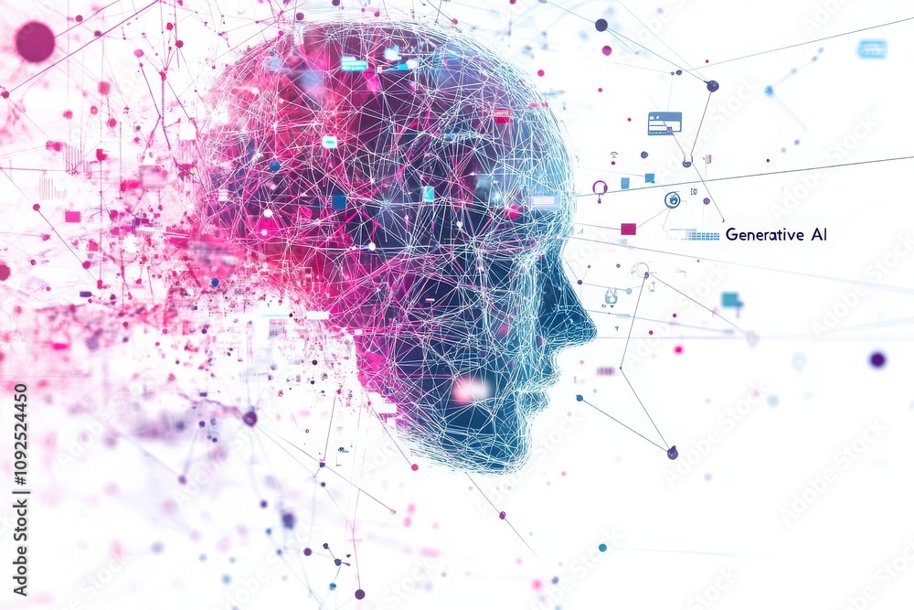 A visualization represents the intersection of technology and artificial intelligence, showcasing a digital head filled with colorful networks.