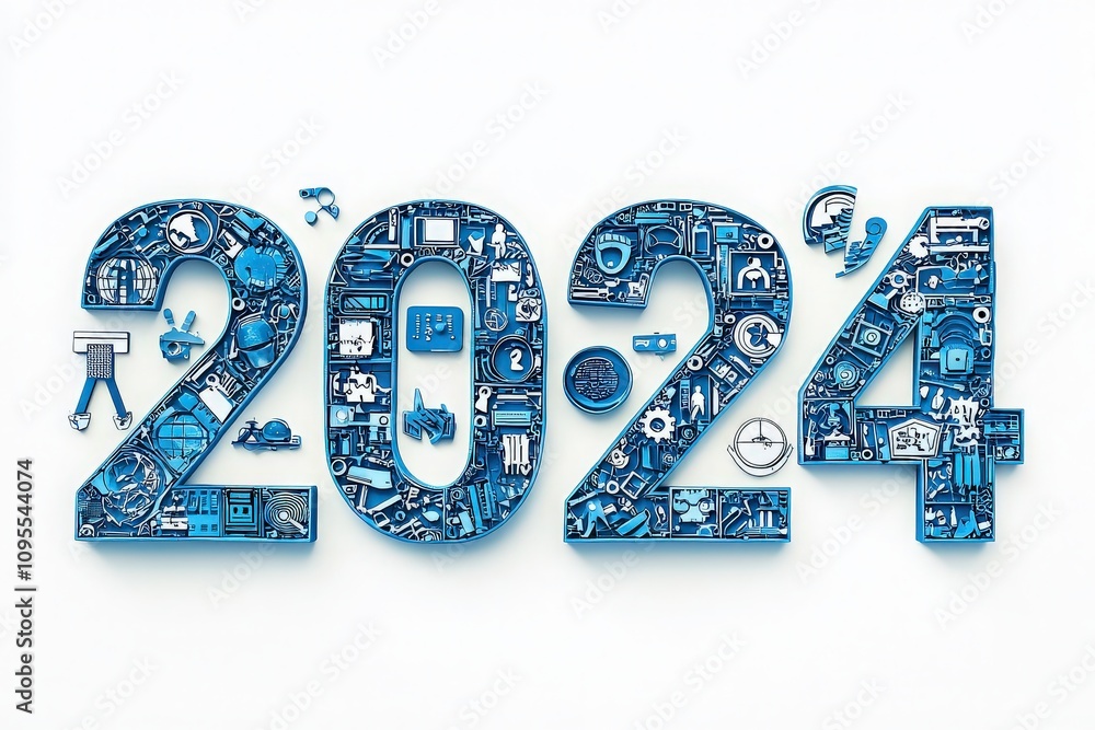 A vivid display of the numbers 2024 crafted from an array of technology-themed icons and symbols. The design showcases innovation and creativity, perfect for welcoming the new year.