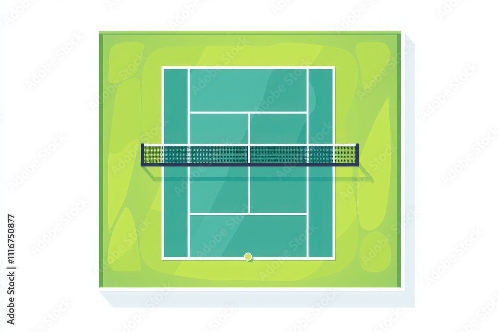 A vivid tennis court with distinct lines and a net positioned in the center creates an inviting atmosphere for players. The green background highlights the courts design and structure.