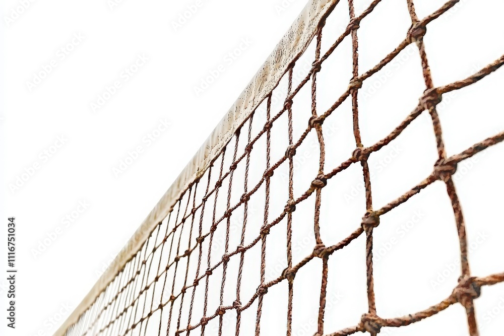 A volleyball net stands taut between two posts on an empty court, illuminated by daylight. The surroundings are clear and bright, suggesting a warm day, ideal for outdoor sports.
