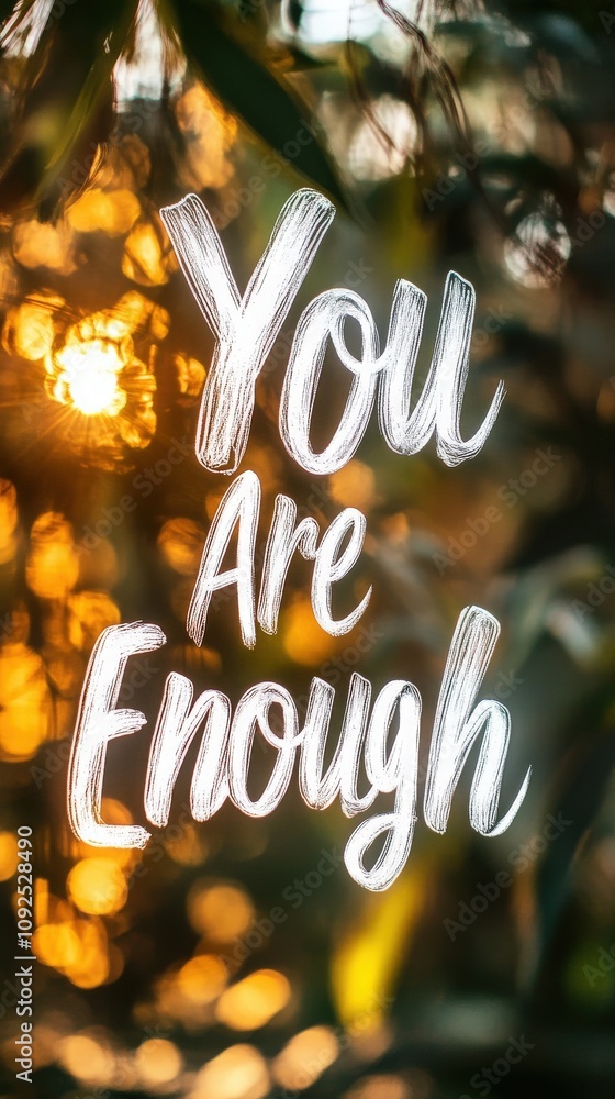 A warm and uplifting message is displayed among gentle sunlight filtering through foliage, encouraging viewers that they are enough. The light creates an inviting atmosphere.