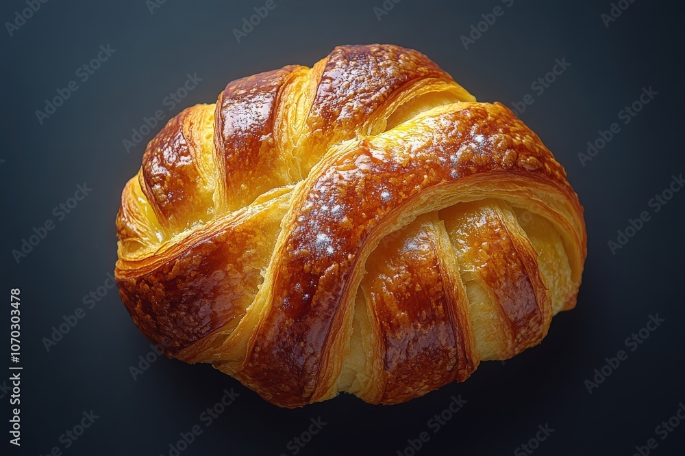 A warm, freshly baked croissant sits on a dark surface, showcasing its beautifully flaky and golden-brown exterior. The intricate layers highlight the artisan craftsmanship involved in its creation.