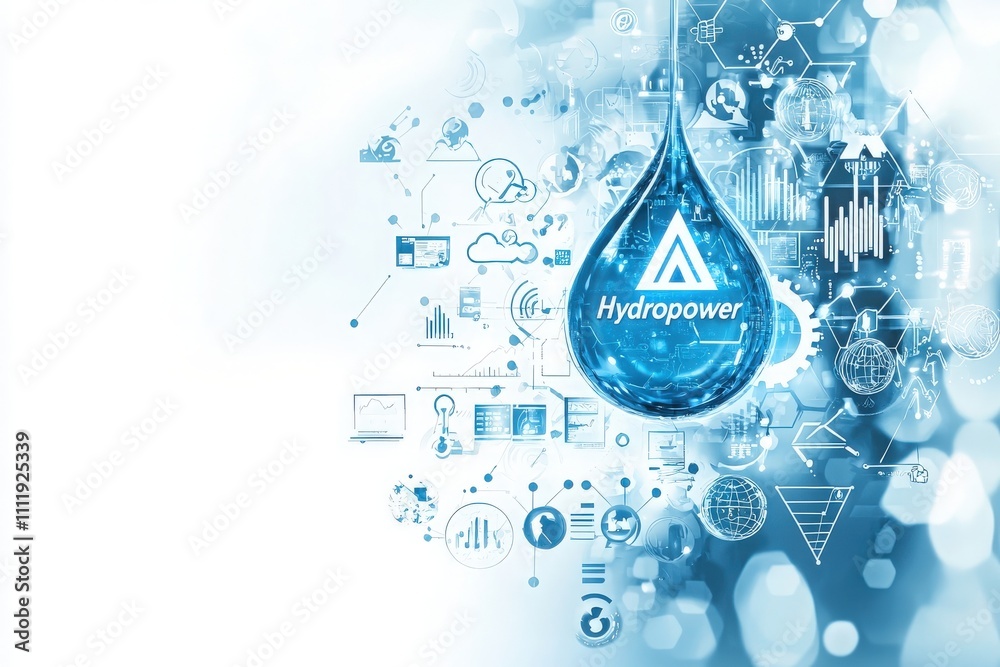 A water droplet illustrates hydropower, surrounded by digital icons related to technology and energy. The blend of blue tones and light creates a futuristic atmosphere, emphasizing innovation.