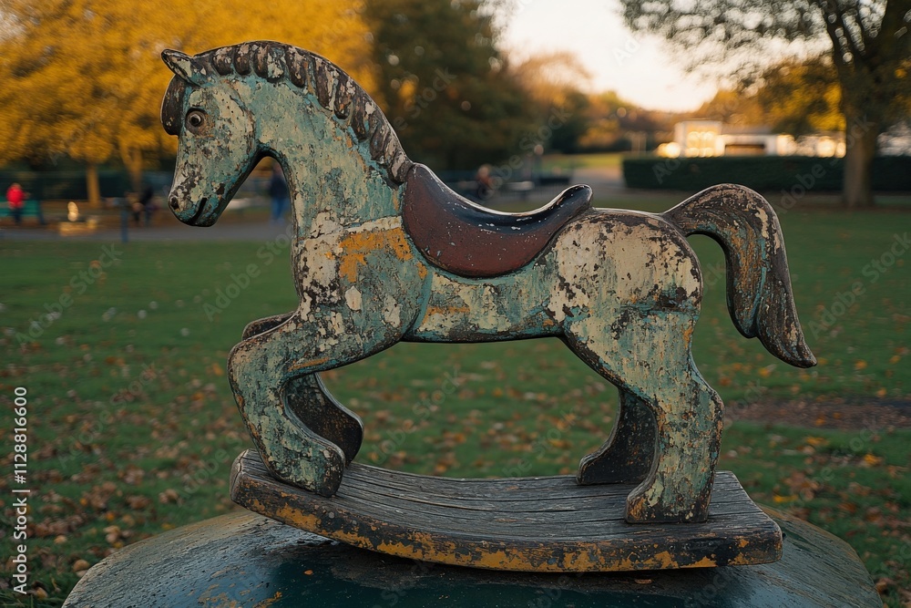 A weathered rocking horse sits on a grassy area in a park, surrounded by fallen leaves. People walk in the background, enjoying the crisp autumn weather and scenic surroundings.