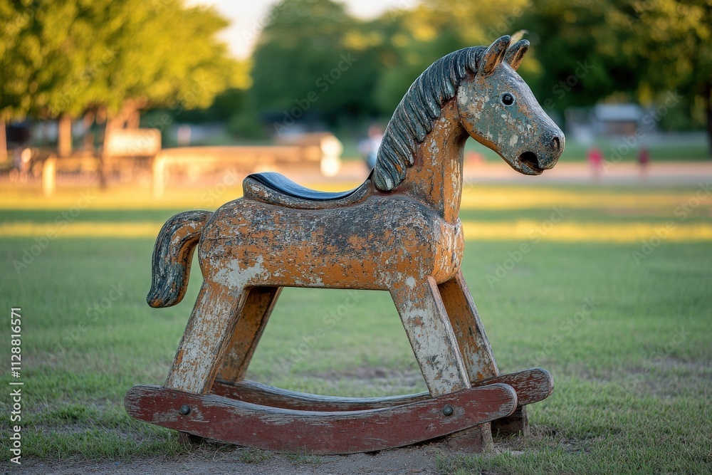 A weathered rocking horse stands on lush green grass in a playground during the golden hour. The warm sunlight highlights the texture of the horse, evoking nostalgia and childhood memories.