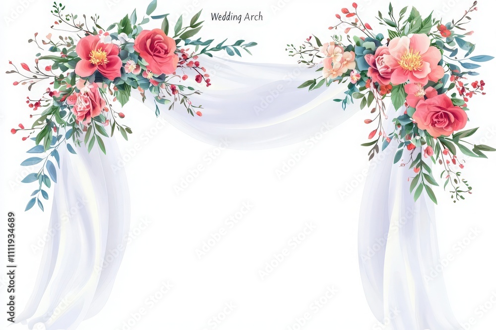 A wedding arch is adorned with vibrant flowers and greenery, providing an elegant backdrop for outdoor ceremonies. Soft fabric drapes enhance the romantic atmosphere of the setting.