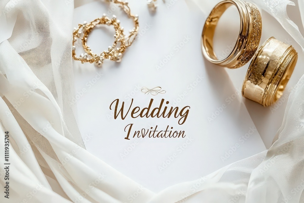 A wedding invitation is elegantly displayed alongside two golden rings and delicate decorative elements. The soft background enhances the romantic atmosphere of this special occasion.