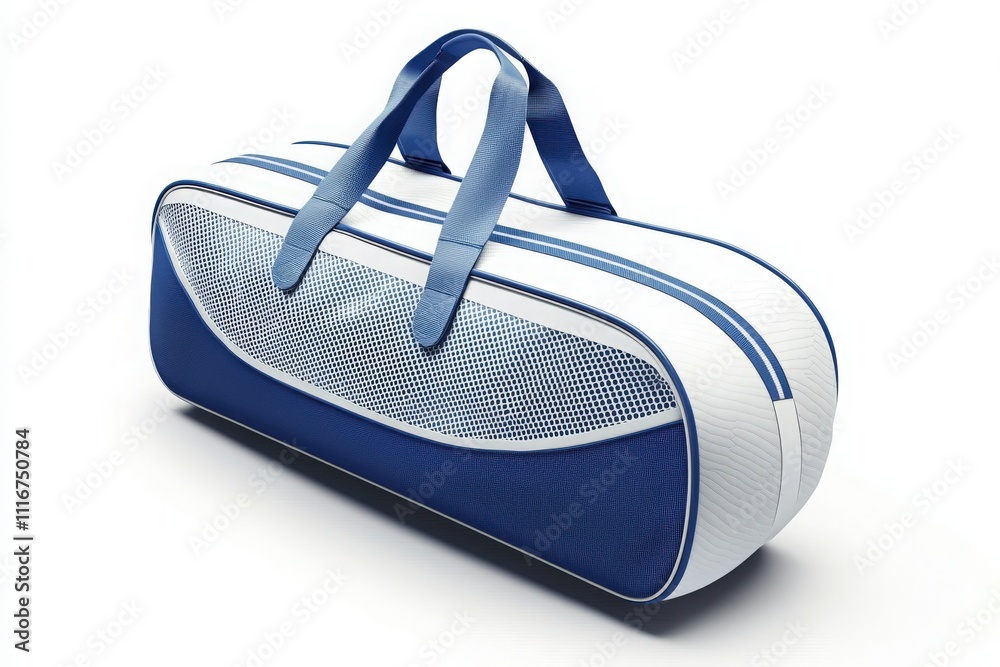 A well-crafted blue and white sports bag features a sleek design and mesh details, ideal for carrying gym essentials or sports gear. Its sturdy handles provide comfort during travel.