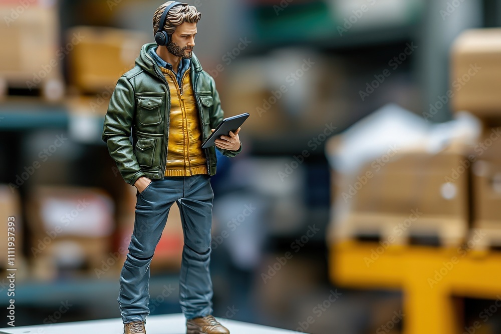 A well-crafted model figure wearing a green jacket and yellow hoodie stands in a storage room, focused on a tablet. Shelves of boxes are visible in the background, adding context.